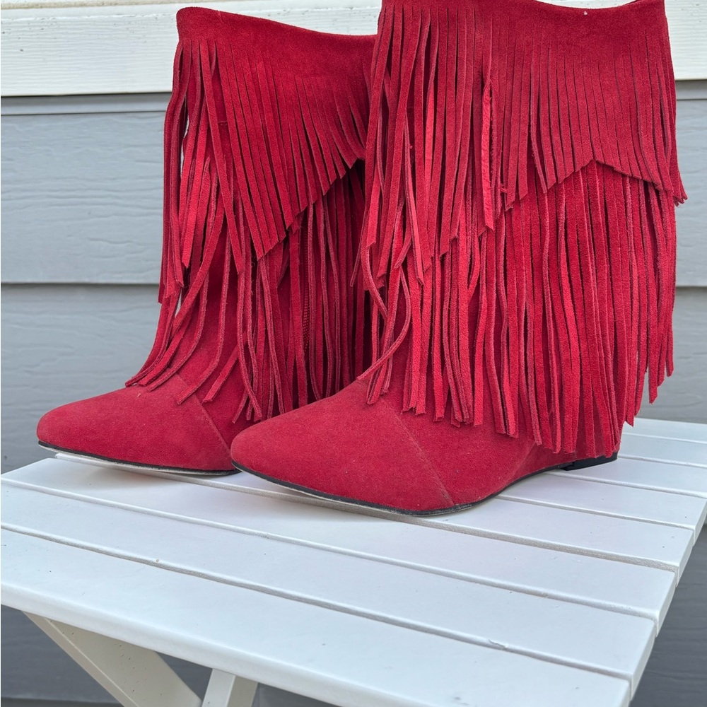 Vintage Fringe Red Suede Boots